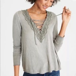 American Eagle Soft & Sexy Long Sleeve Lace Up Top in gray teal size S